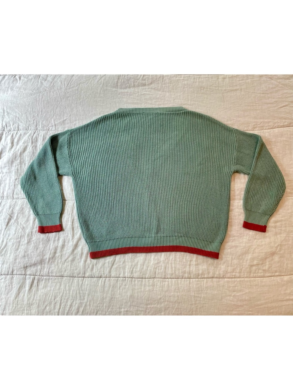 Amour Vert Cardigan V-Neck Button Front Mineral Green Red Organic Cotton M - Picture 3 of 11